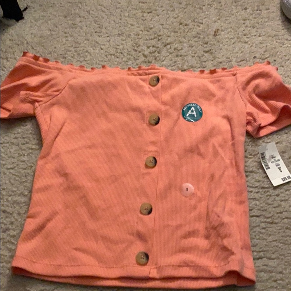 Coral colored cropped off the shoulder shirt